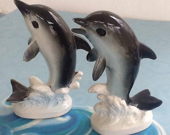 Dolphin Salt & Pepper Shakers~Vintage Tableware~Dolphins~Sea Animals~1960 Era~Beach Decor~Seaside Shakers~Cork Stoppers~Salt Pepper Shakers