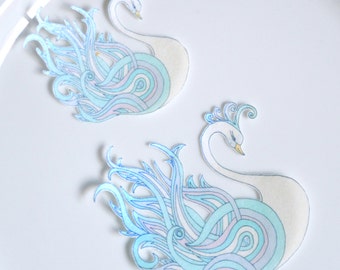Edible Ice Crystal Swans Blue Shimmer Winter Wonderland White Swan Princess Wafer Paper Wedding Cake Decorations, Cupcake Cookie Toppers