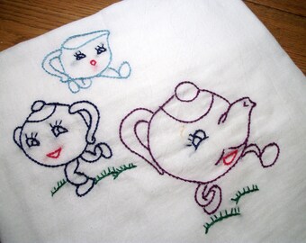 Dish Towels (Tea Towels) Dancing Dishes Design Flour Sack Tea Time Hand Embroidered Dish Towel
