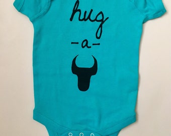 Hug-A-Bull, Screen printed Baby romper, one-piece - Durham, NC, 6 months, Carribean Blue with Black print
