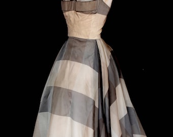 Original vintage 1950s organdie silk stripe dress - Full skirt - strapless bodice - free shipping