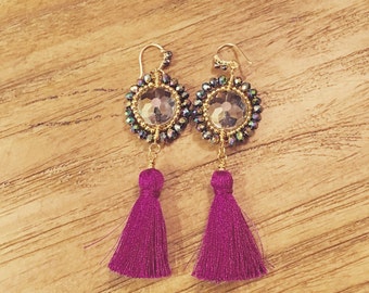 Purple Gemstone Tassel Earrings
