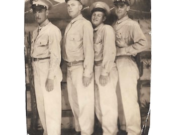 Vintage Snapshot "On Leave" Handsome Soldiers Line Up For Arcade Photo Found Vernacular Photo