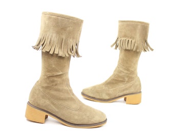 Vintage 70s Suede Fringe Boots FRANCE Tan Leather Knee High Tall 1970s Hippie Boho Festival Fashion 9.5