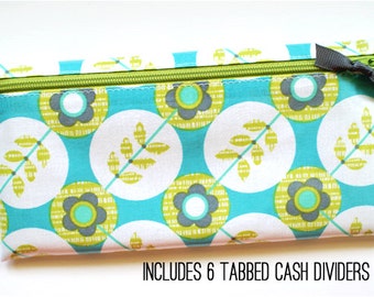 Envelope system cash budget wallet with 6 tabbed dividers | turquoise, kiwi, white dots laminated cotton