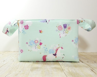 Fabric Storage Basket - Diaper Caddy - Mint Unicorn Print - Toy Storage