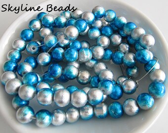 Drawbench Glass Beads, Blue and Silver, Round 8mm - Spray-painted
