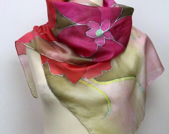 Hand painted silk scarf. Pink floral silk scarf. Silk foulard. Luxury gift for her. Wearable art made to order
