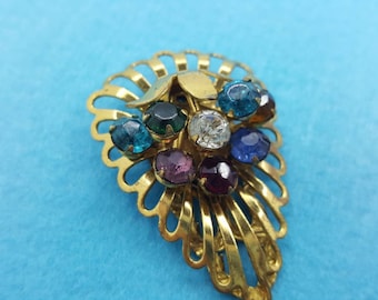 Art Deco Dress Clip Colorful mixed rhinestones Gold Tone Eames Era