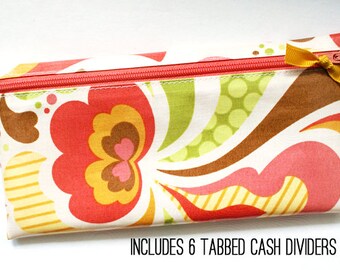 Cash system budgeting wallet with 6 tabbed dividers | cream, coral, green, mustard, yellow, brown laminated cotton
