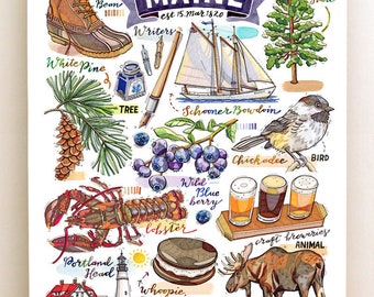 Maine State Print. Illustration. The Pine Tree State.