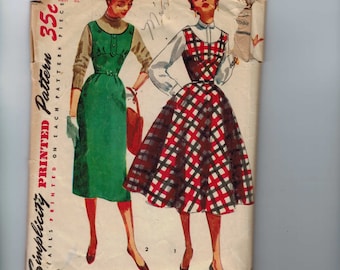 1950s Vintage Sewing Pattern Simplicity 4808 Misses Jumper Dress Slim or Full Skirt Size 14 Bust 32 50s