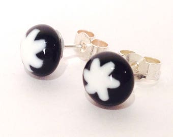 Murano Glass Millefiori Stud Earrings - Black and White Star on Sterling Silver Stud Post