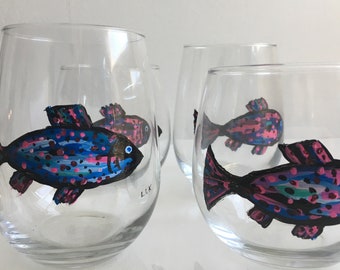 Painted Stemless Wine Glasses - Impressionistic Rainbow Trout