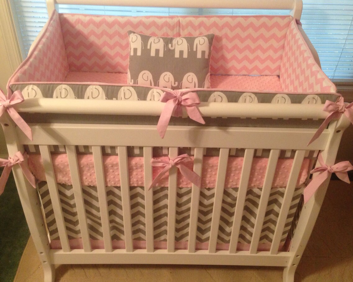 MINI CRIB Pink and Gray Elephant Custom Crib Bedding