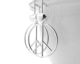 Large Peace Earrings, Sterling SIlver Peace Sign Earrings, Peace Heart Earrings, Peace Jewelry, Peace Sign Jewelry, Sterling Silver Jewelry