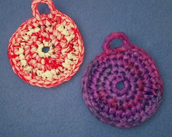 Two Plarn Dish Scrubbies, purple and fluorescent red, recycled plastic bags, upcycled dish scrubby pot scrubber