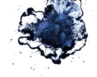 Dark Blue Flower Wall Art, Original Floral Painting, Botanical Home Decor