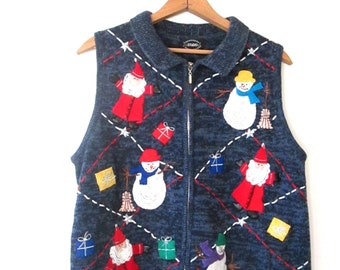 Vintage 90s SNOWMAN SANTA Ugly CHRISTMAS Holiday Sweater Vest Sz M