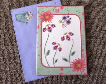 Stitched note card with pink & purple flowers