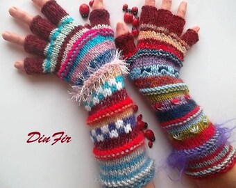 Women Size M 20% OFF Half Fingers Wool OOAK Ready To Ship Mittens Wrist Warmers Winter Arm Gloves Hand Knitted Gift Striped Multicolor 1244