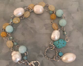 Turquoise, Yellow and Freshwater Pearl Beaded Bracelet
