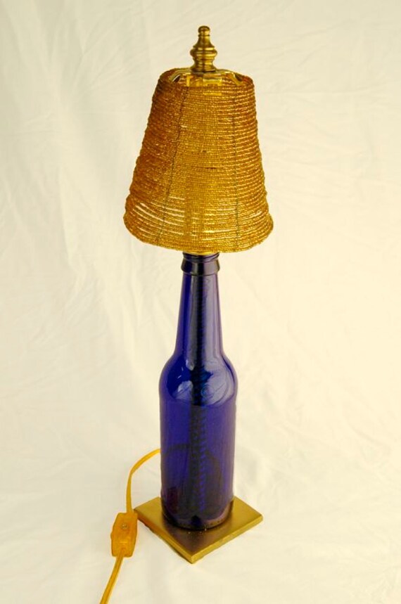 Recycled Blue Glass Bottle Table Lamp Gold Trim Like This Item
