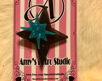Atomic Starburst Teal and Black Resin Brooch