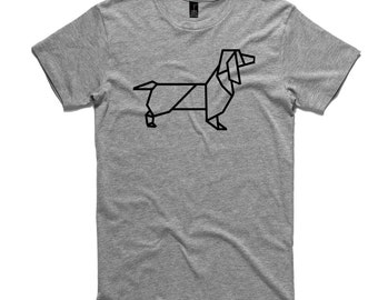 Dachshund Origami T-Shirt by RockPaperHeart in grey, sausage dog mens and womens gray