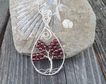 Garnet Tree of Life Necklace wire wrapped sterling silver