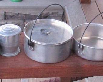 Mixed Group of Pans, plus WW II Mess Kit PAN (no contents) also a Collapsable cup for Camping, Hiking, Repurposing or Collecting