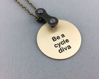 Be a cycle diva bicycle necklace, cycling pendant, bike jewelry, mountain bike gift, bmx present, fixie jewelry