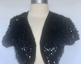 Vintage 1950's Black Italian Wool Shrug Bolero Sweater with Paillettes