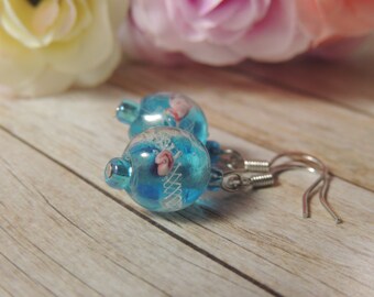Blue with pink rose lampwork bead earrings