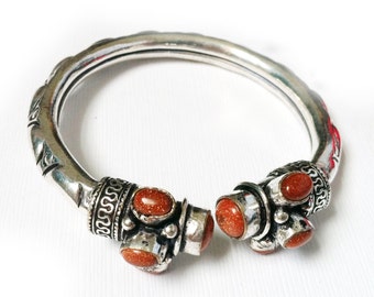Silver Bangle Bracelet,Tribal Silver Bangle ,Adjustable, rare brown Sunstone bracelet,womens bangle Kucchi,Afghan jewelry by TANEESI