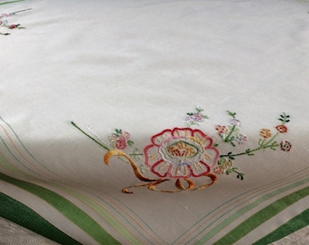 Embroidered Tablecloth. Vintage Square Linen Tablecloth. Hand Embroidered White Tablecloth with Green Hem and Silk Embroidery Thread RBT2882