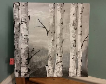 Trees. Nature. Woodland. Birch trees. Acrylic painting
