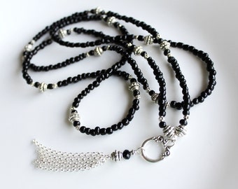 1920s Jewelry, Black Tassel Necklace, Long Black Beaded Necklace, Tassel Pendant Necklace, Silver Tassel, Flapper Costume, Silver and Black