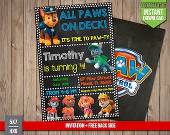 PAW PATROL Invitation - Marshall, Chase, Skye, Rocky, Rubble, Invite, Editable Text PDF Birthday Party Invitation, Instant Download