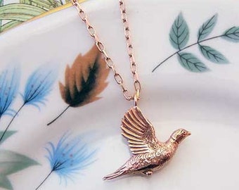 Rose Gold Pheasant Necklace, rose gold necklace, bird jewellery, Uk maker
