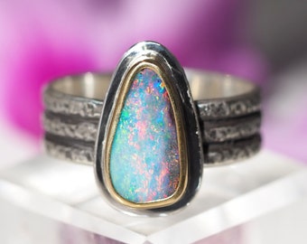 Sterling Silver 22K Gold Australian Boulder Opal ring - Opal Ring - US size 9 - Opal promise ring - wide band opal ring