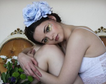 Large pale blue rose flower crown, flower garland, Lana Del Ray, wedding headpiece, floral hairpiece