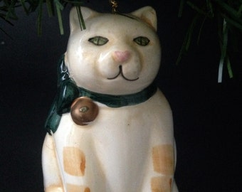 adorable hanging kitty cat bell ornament; cat lover delight; Christmas tree tabby ornament collectible; yesteryears kitsch