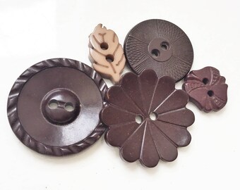 brown eco friendly vintage decorative buttons--mixed lot of 5