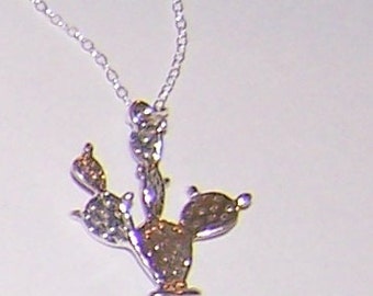 Sterling Silver 3D PRICKLY PEAR CACTUS Pendant and Chain - Plant, Southwest