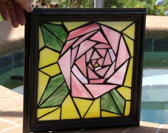 Pink Quilted Rose Stained Glass Mosaic Wooden Window Repurpose