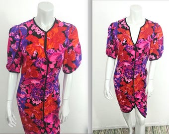 Gorgeous Vintage 80s Flora Kung Red, Purple & Pink Silk Dress