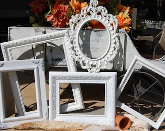 Picture Frames / Shabby Chic Frame Set / Set Of 5 Ornate White Frames / Wedding / Gallery Wall Frames