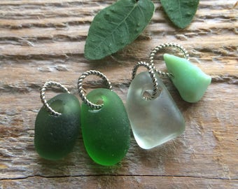 MERMAID TEARS...4 small genuine sea glass milk glass pendants,green white ocean finds rustic wedding jewelry Christmas stocking