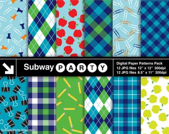 Back to School Digital Papers. Apples, Pencils, Paper Clips. Navy Blue Green Tartan Plaid & Argyle. 12x12 / 8.5x11 JPGs INSTANT DOWNLOAD